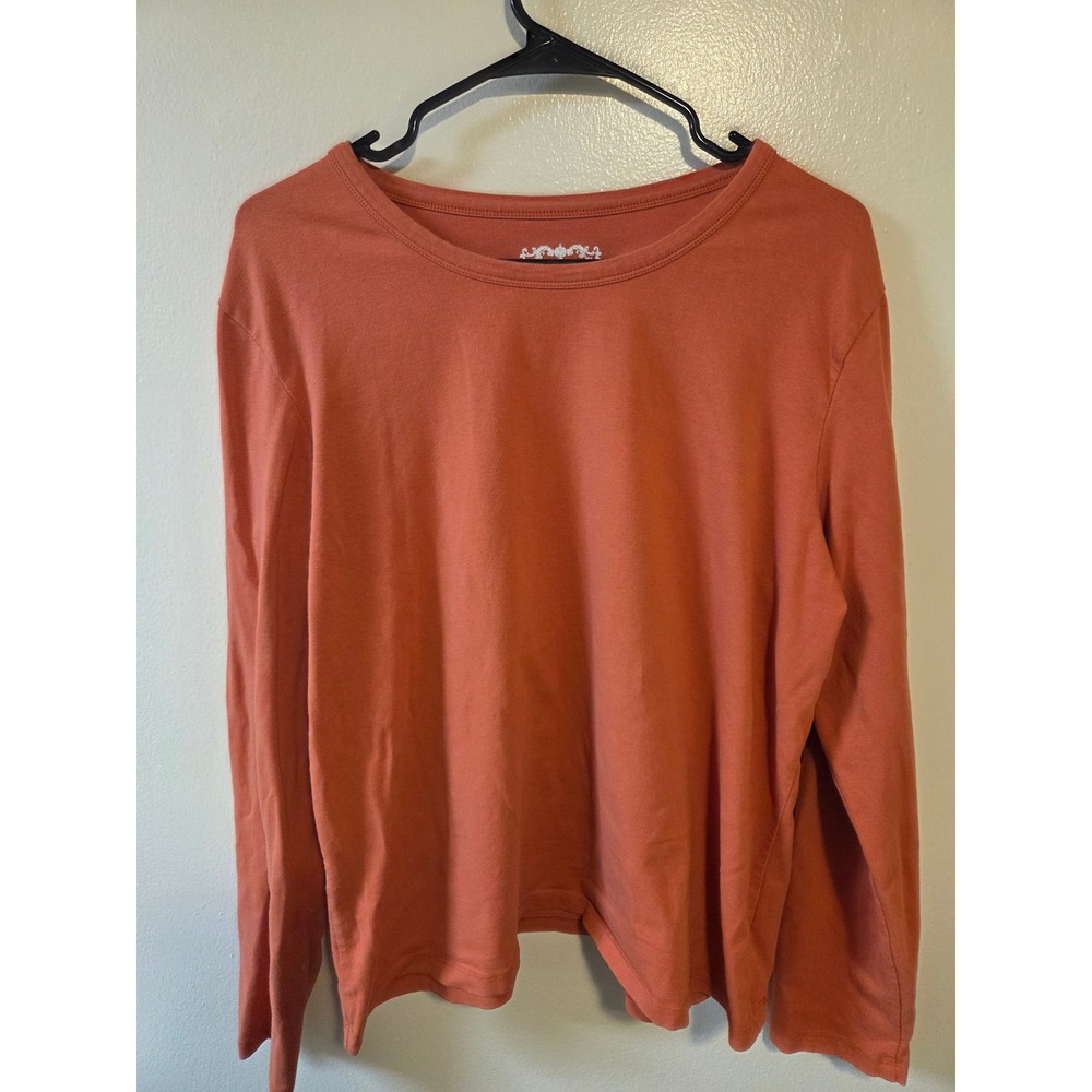 Leslie Fay Woman Burnt Orange Long Sleeve Cotton Stretch Tee Shirt Plus Size 2X